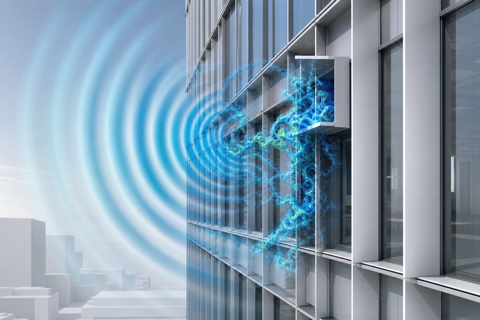 Technische LES Visualisierung einer Glasfassade mit turbulenten Strukturen und sich ausbreitenden Schallwellen