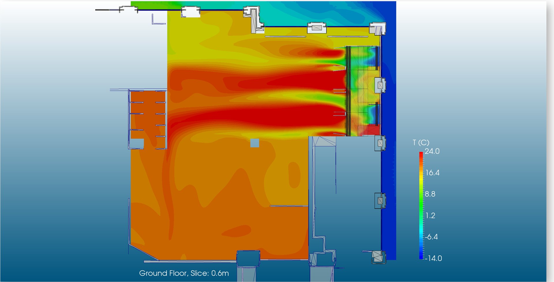CFD-Temperaturfeld im Grundriss mit Kaltlufteintrag am Eingang und Temperaturskala